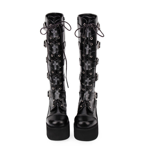 Black Cross Patent Leather Lace Up Long Gothic Lolita Boots - Product - 1
