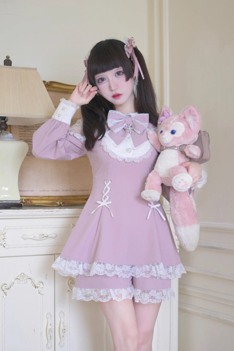 Pink/White [Divine love] Long Sleeves Hollow Bowknot Lace Lace-Up Sweet Jirai Kei Dress Shorts Set - Pink/White - 1