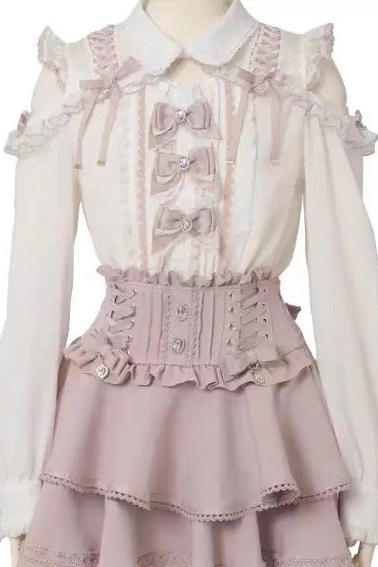 Sweet Lapel Collar Off Shoulder Long Sleeves Bow Spliced Lace Plus Size Japanese Lolita Blouse 3 Colors - Pink - 9