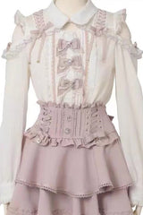 Sweet Lapel Collar Off Shoulder Long Sleeves Bow Spliced Lace Plus Size Japanese Lolita Blouse 3 Colors - Pink - 9