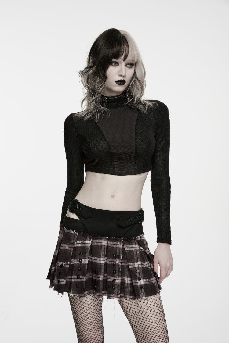 ブラック ハイネック 長袖 パッチワーク スリムフィット レディース パンク Cool Crop Top 商品画像
