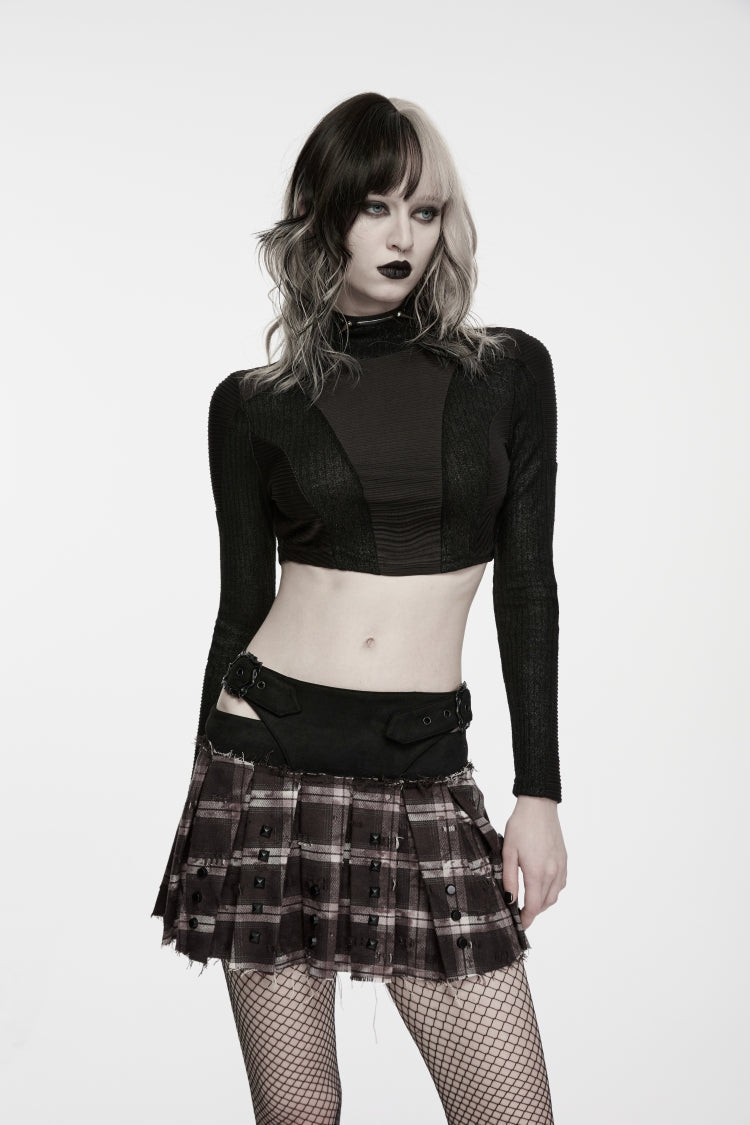 Black High Collar Long Sleeves Patchwork Slim Fit Women's Punk Cool Crop Top - Product - 7