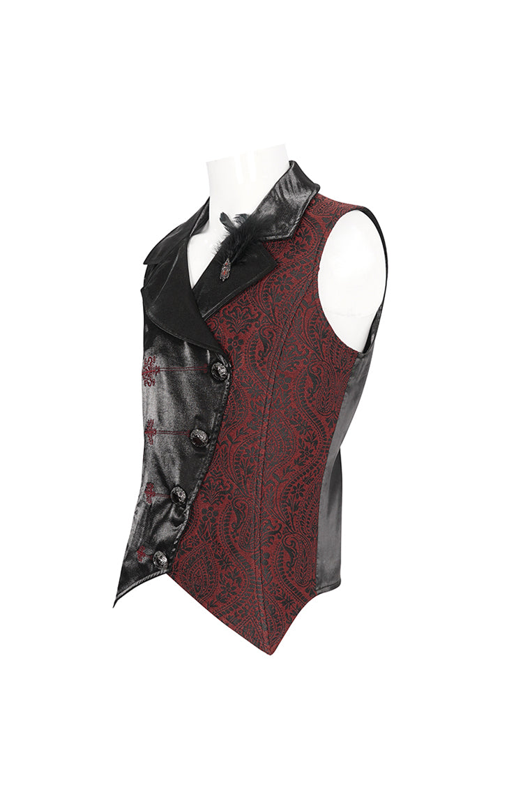 Black/Red Embossed Feather Men's Gothic Waistcoat - Product - 8