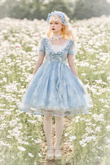 Blue High Waisted Planet Butterfly Print Ruffle Lace Sweet Lolita Dress - Blue - 3