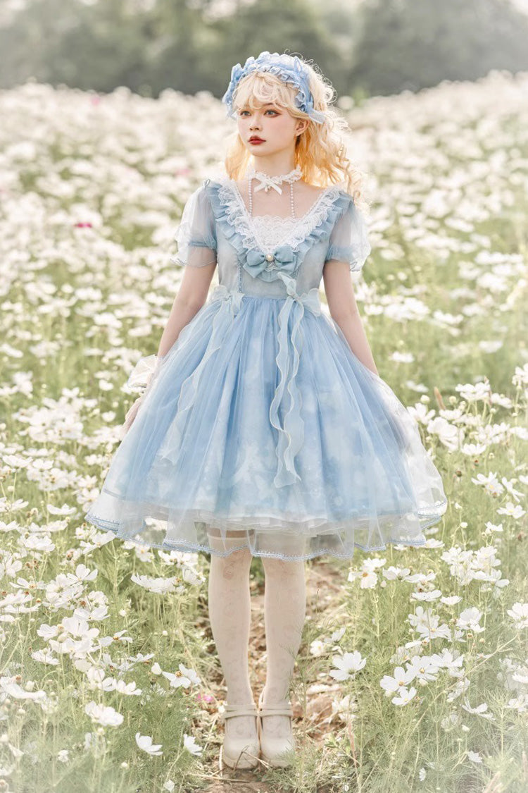 Blue High Waisted Planet Butterfly Print Ruffle Lace Sweet Lolita Dress - Blue - 3