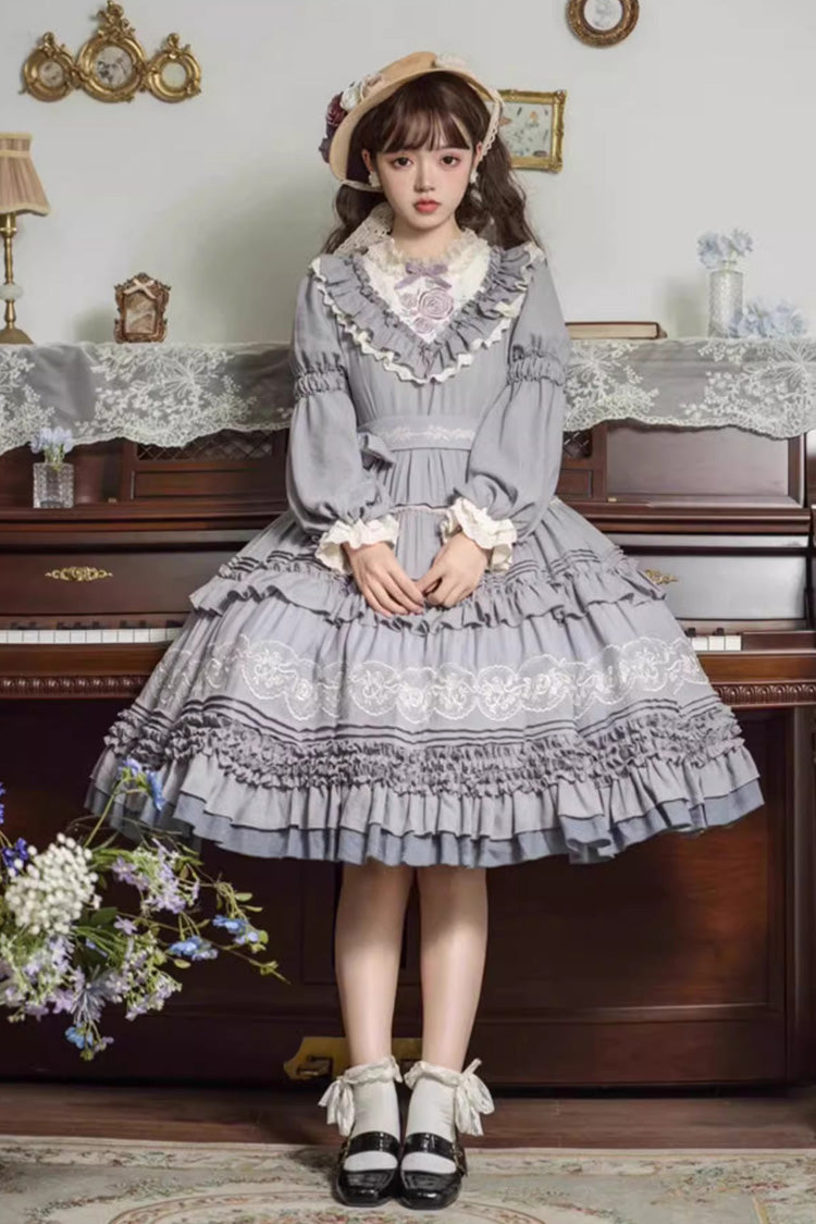 Purple Long Sleeves Ruffle Embroidery Bowknot Sweet Plus Size Elegant Lolita Dress - Purple - 1