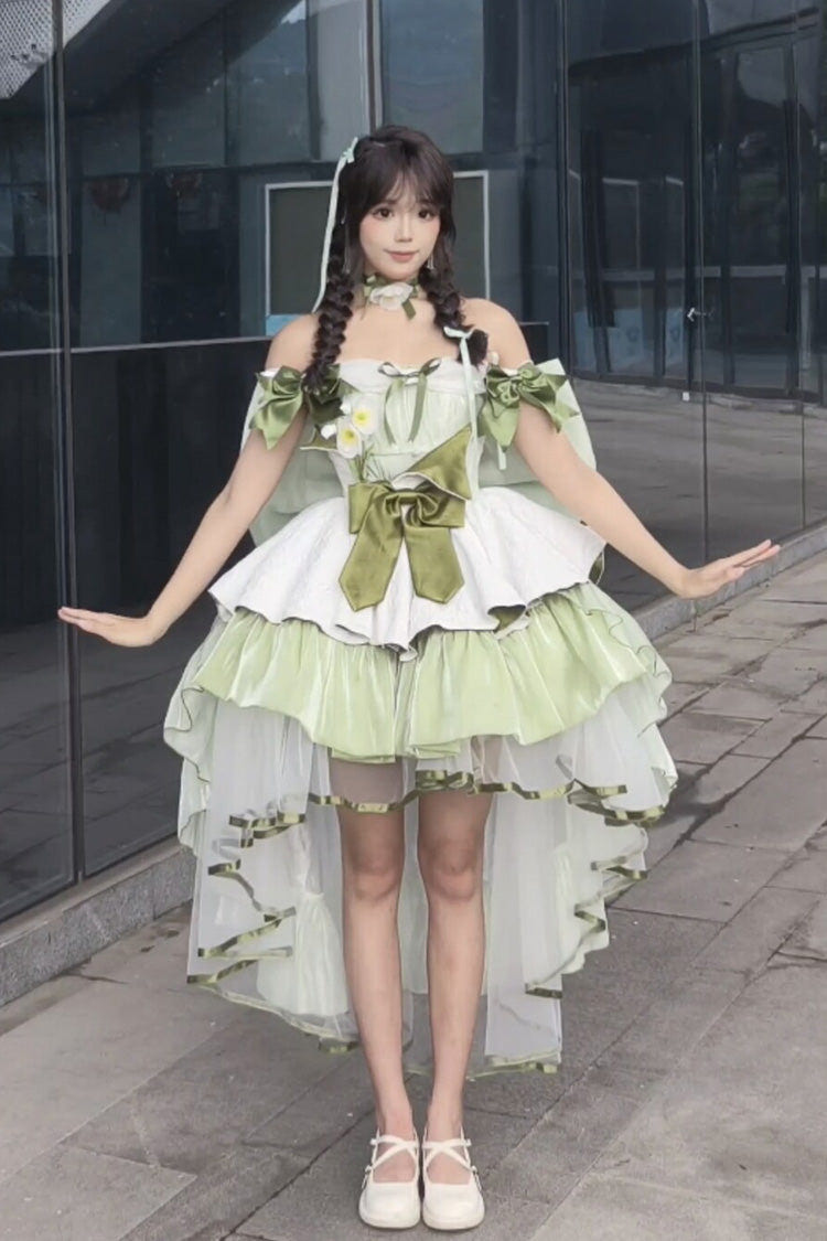 Green [Forest Princess] Off Shoulder Ruffled Bow Patchwork Sweet Lolita Dress - Product - 11