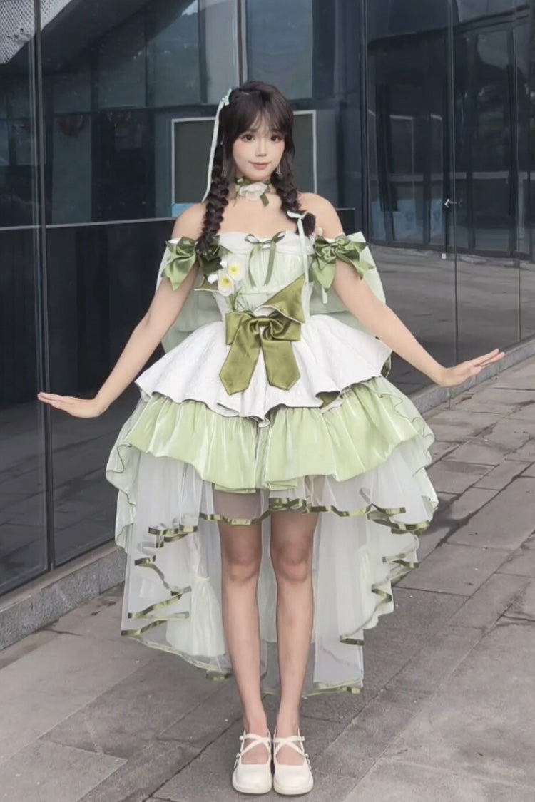 Green [Forest Princess] Off Shoulder Ruffled Bow Patchwork Sweet Lolita Dress - Product - 11