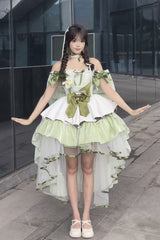 Green [Forest Princess] Off Shoulder Ruffled Bow Patchwork Sweet Lolita Dress - Product - 11