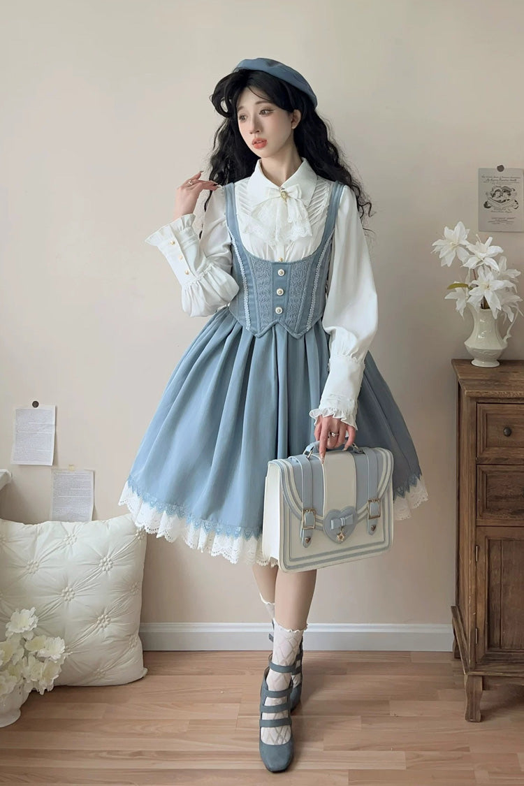 [Dreamlike Realm] Sleeveless Printed Ruffled Embroidered Bustier Elegant Sweet Lolita Jsk Dress 4 Colors - Blue(Short) - 12