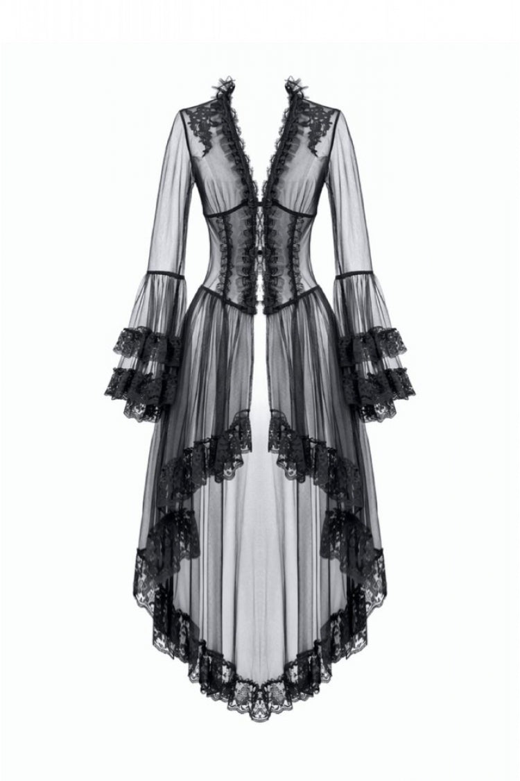 Black Deep-V Ruffled Long Flare Sleeves Sheer Lace Patchwork Lace-Up Women's Gothic Duster - Product - 3