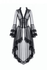 Black Deep-V Ruffled Long Flare Sleeves Sheer Lace Patchwork Lace-Up Women's Gothic Duster - Product - 3