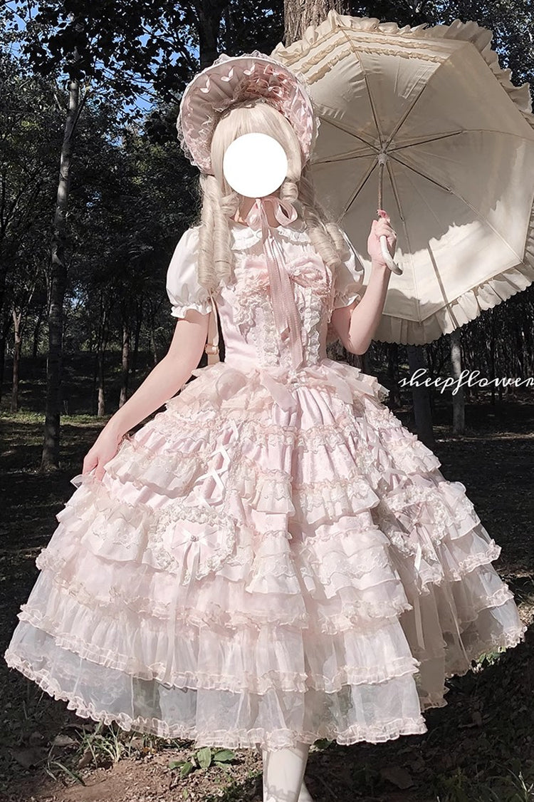 Pink [Sweetheart Diary] Multi-Layered Ruffle Hanayome Embroidery Bowknot Lace Sweet Lolita Jsk Dress - Pink - 1
