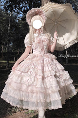 Pink [Sweetheart Diary] Multi-Layered Ruffle Hanayome Embroidery Bowknot Lace Sweet Lolita Jsk Dress - Pink - 1