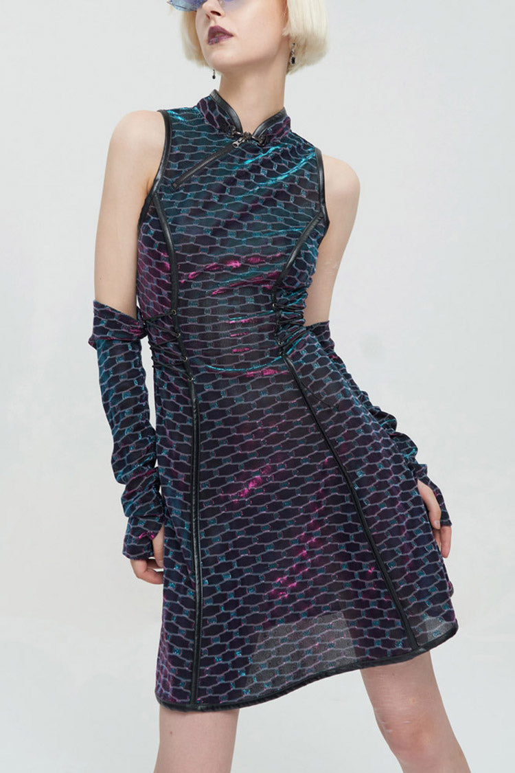 Multi-Color Punk Chinese Style Cheongsam Collar Sleeveless Women's Short Dress - Multi-Color - 1