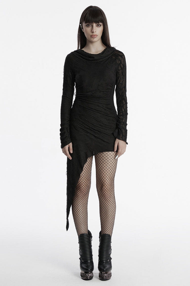 Black Long Sleeves Irregular Hooded Ripped Asymmetric Women's Punk Music Festival Dress - Black - 1