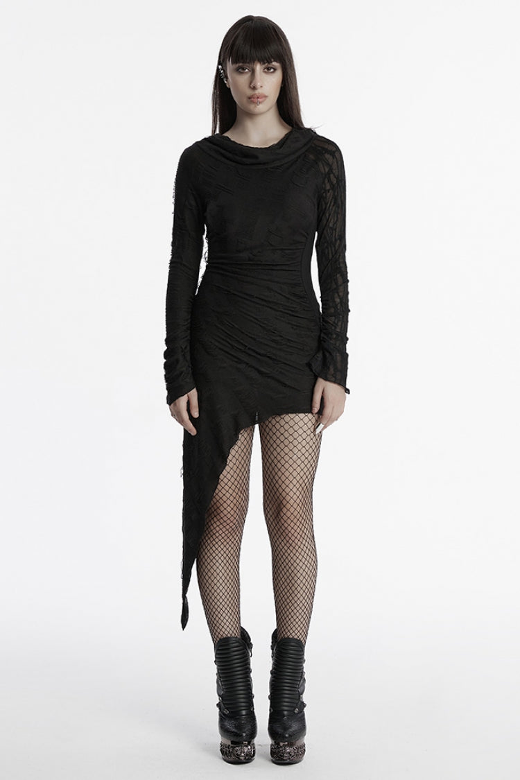 Black Long Sleeves Irregular Hooded Ripped Asymmetric Women's Punk Music Festival Dress - Black - 1