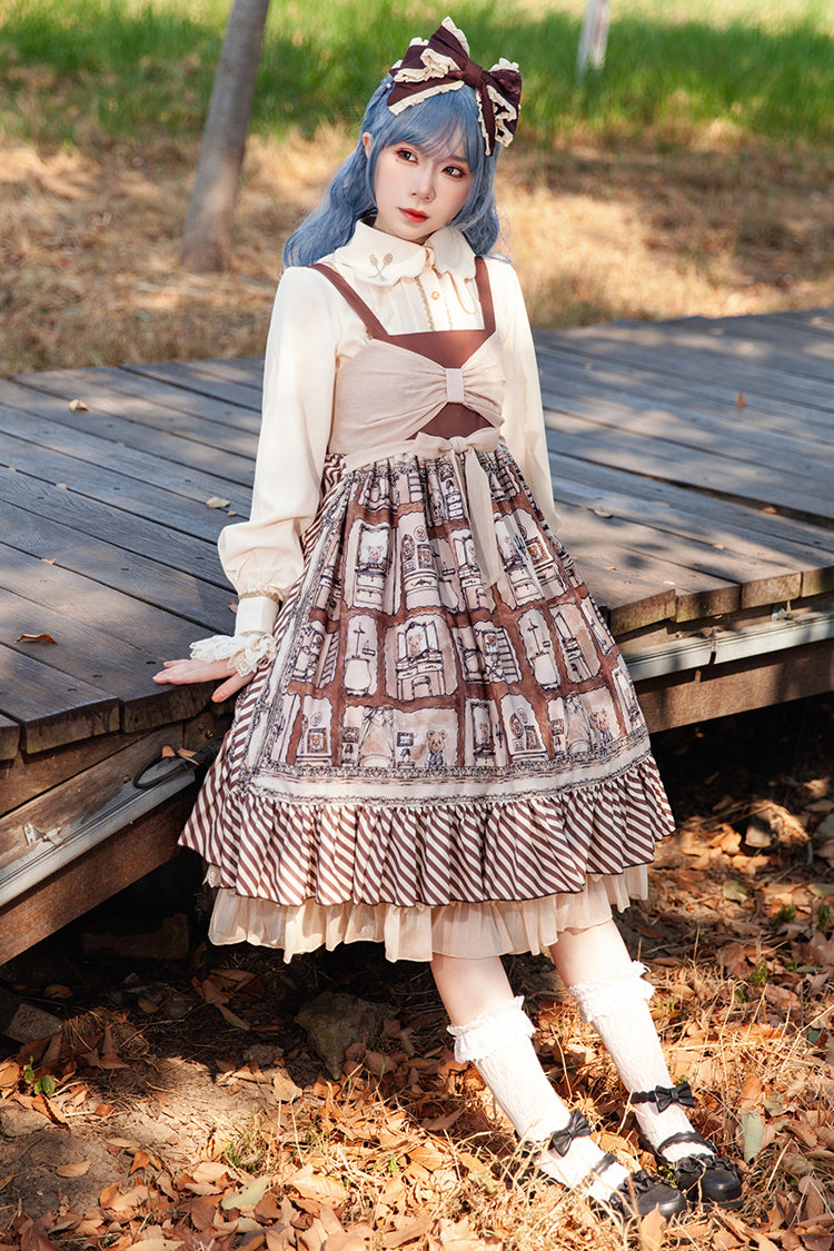 Brown Underground Bear Print Ruffle Bowknot Sweet (Dress Only) detail view 5