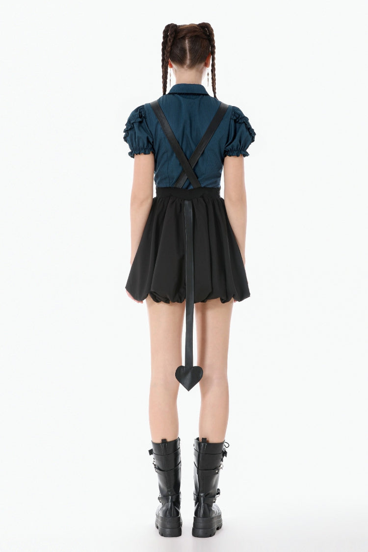 Black Bat Wing Buckled Women's Gothic Suspender Dress Graduation Dress with Tail - Product - 4