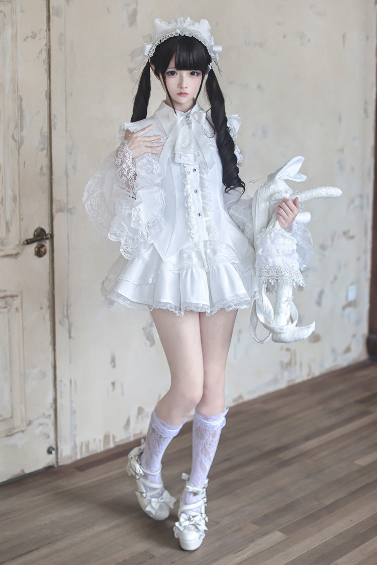 White [Snowy Night Princess] Lapel Collar Long Hime Sleeves Ruffled Bow Lace Gothic Jirai Kei Japanese Skirt Set - Product - 16