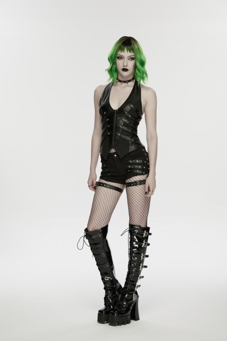 Black Halterneck Slim Studded Zippered Women's Punk Vest - Product - 6