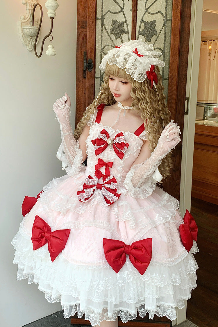 Red/Pink [Flower Dream Isle] Square Collar Multi-Layered Ruffled Bow Lace Sweet Lolita Jsk Dress - Red/Pink - 1
