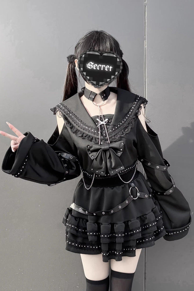 ブラック [Serpent Devour] ネイビー 襟 長袖 フリルリボン スタッズ ゴシック 地雷系 トップス＆スカートセット 商品画像