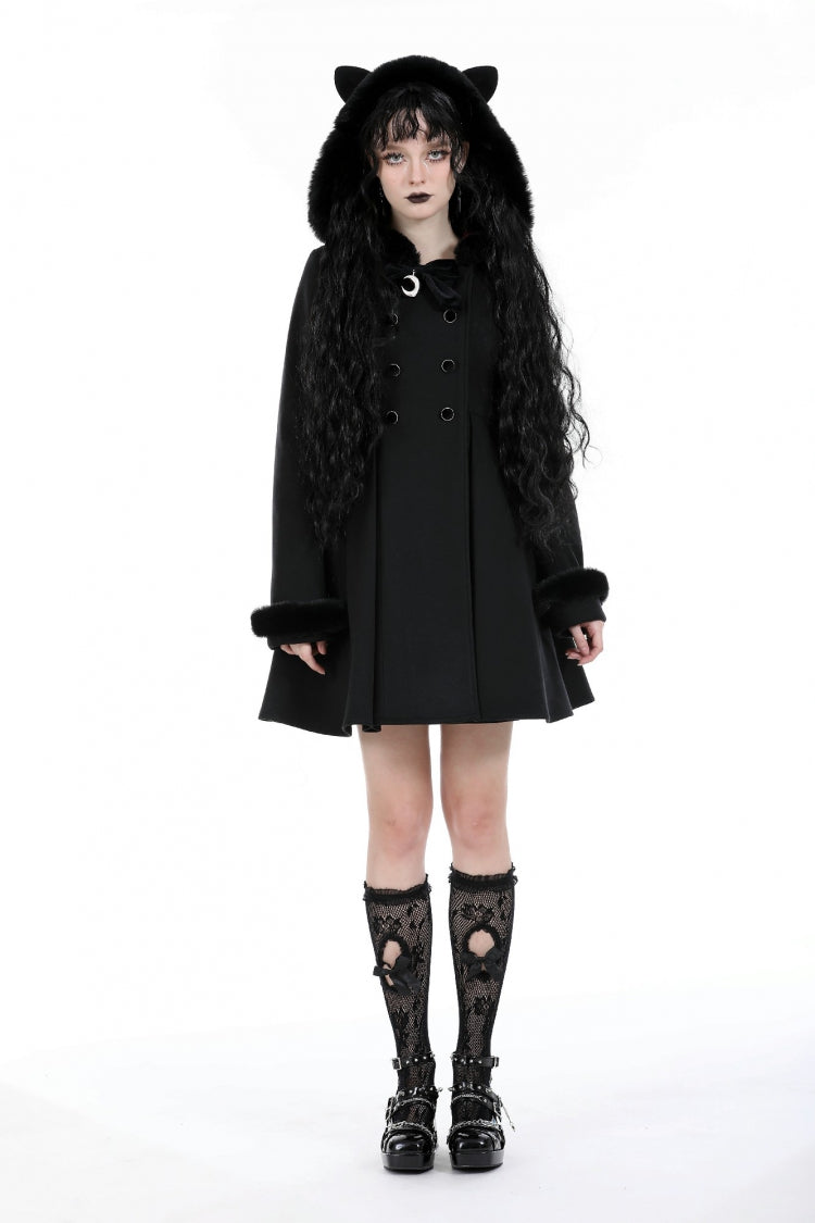 Black Long Sleeves Crescent Moon Bow Spliced Double-breasted Women's Gothic Coat with Cat Ear Hood - Black - 1