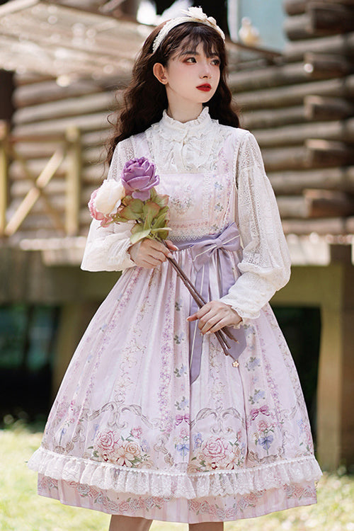 Purple Flower Wall Print High Waist Sweet Lolita JSK Dress - Product - 3