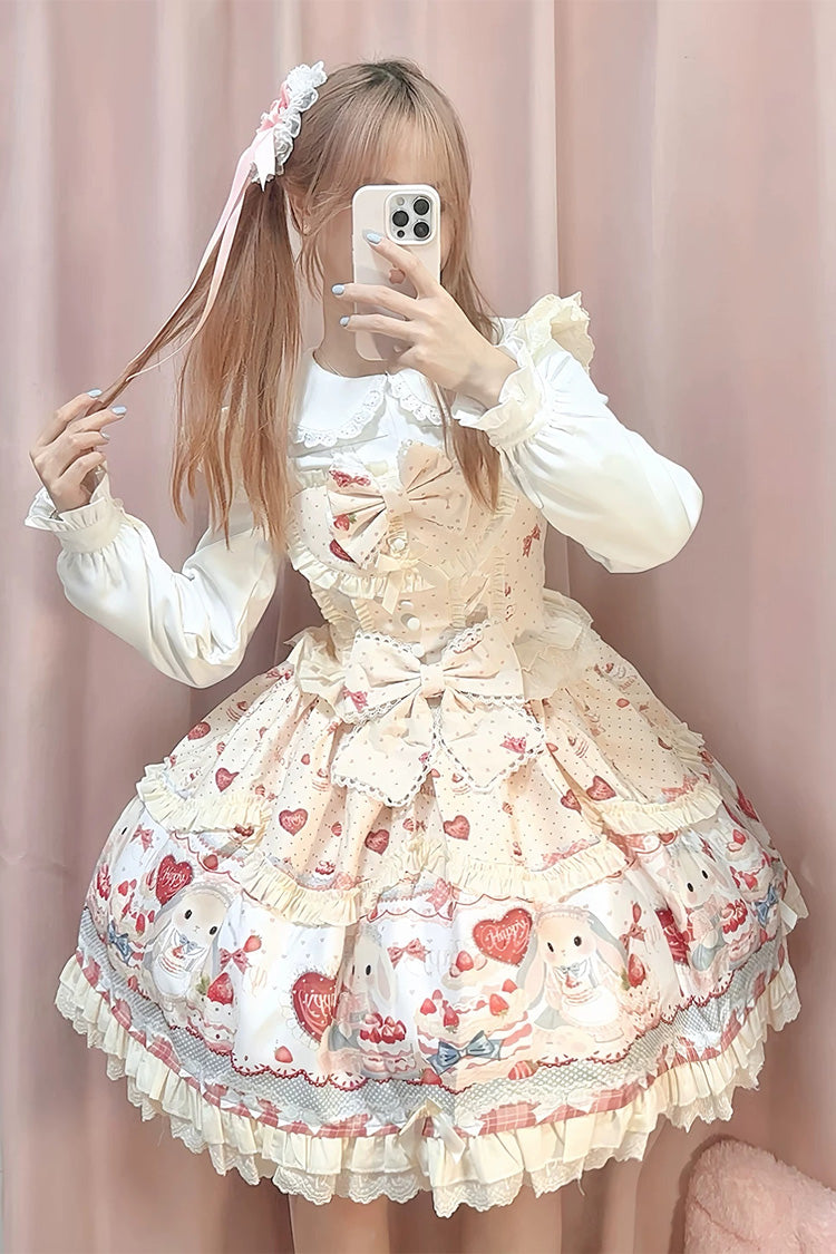 Yellow [Sweet Bunny Party] Square Collar Sleeveless Printed Ruffled Bow Sweet Lolita Jsk Dress Set - Yellow(Long-Sleeves-Set) - 4