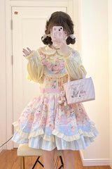 Multi-Color Multi-layer Party Bunny Cat Print Bowknot Sweet Lolita Jsk Dress - Multi-Color - 1