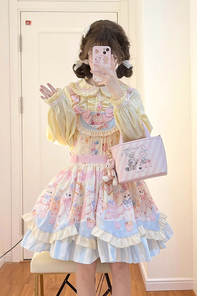 Multi-Color Multi-layer Party Bunny Cat Print Bowknot Sweet Lolita Jsk Dress - Multi-Color - 1