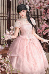 [Fragrance] Stand Collar Short Sleeves Multi-Layered Printed Ruffled Bow Lace Irregular Chinese Style Sweet Lolita Dress 2 Colors (Green, Pink) - Product - 9