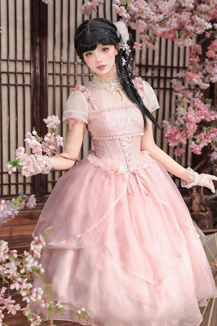 [Fragrance] Stand Collar Short Sleeves Multi-Layered Printed Ruffled Bow Lace Irregular Chinese Style Sweet Lolita Dress 2 Colors (Green, Pink) - Product - 9