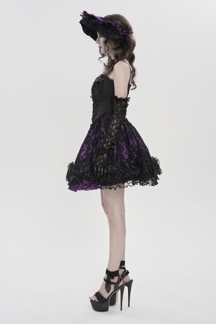 Black/Purple Off Shoulder Double-Layered Printed Cut-Out Lace Lace-Up Women's Gothic Jsk Dress - Product - 3