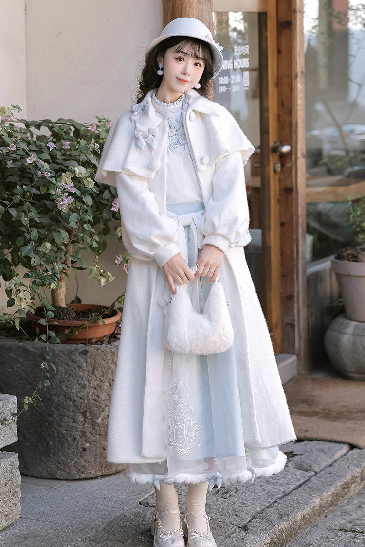 White/Blue [Sunny Sky Snow Doll] Long Sleeves Embroidered Bow Sweet Elegant Lolita Skirt Coat Set - White/Blue(Set) - 1