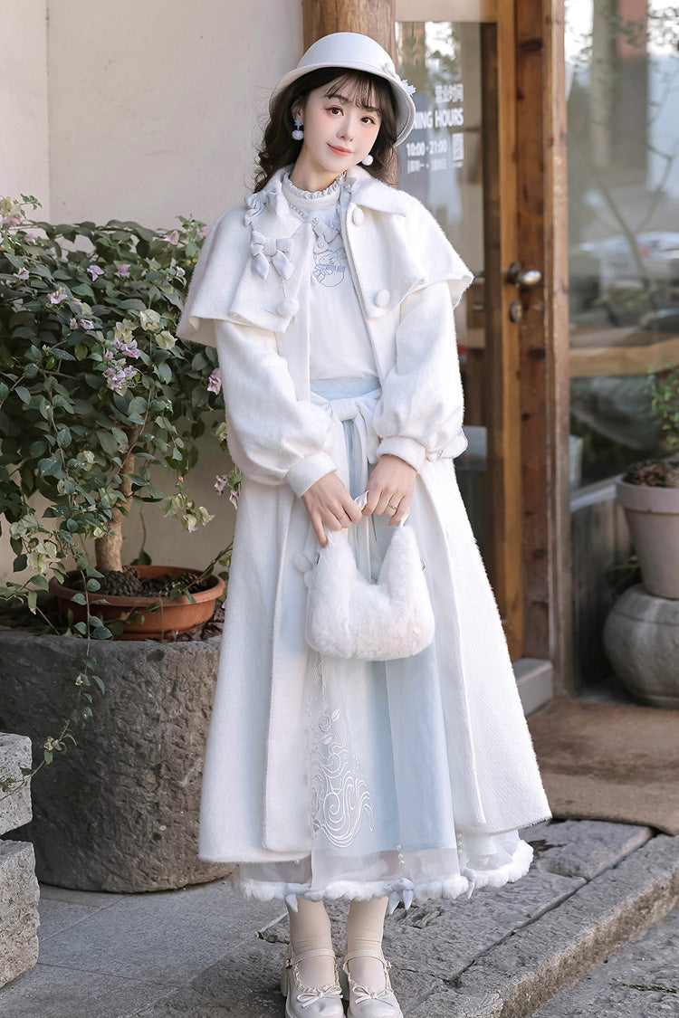 White/Blue [Sunny Sky Snow Doll] Long Sleeves Embroidered Bow Sweet Elegant Lolita Skirt Coat Set - White/Blue(Set) - 1