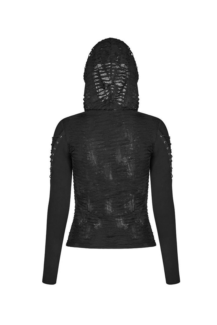 Black Broken Holes Arm DrawString Long Sleeve Hooded Knit Tight  Women's Gothic T-Shirt - Product - 5