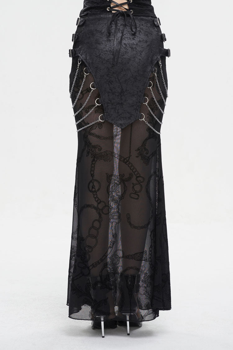 Black Mesh Splice Chain Fishtail Women's Gothic Skirt - Product - 3