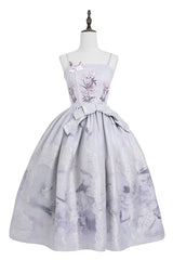 [Stained Glass Dream] Square Collar Sleeveless Printed Embroidered Bow Gothic Lolita Jsk Dress 2 Colors(Black/Purple, White/Purple) - Product - 4