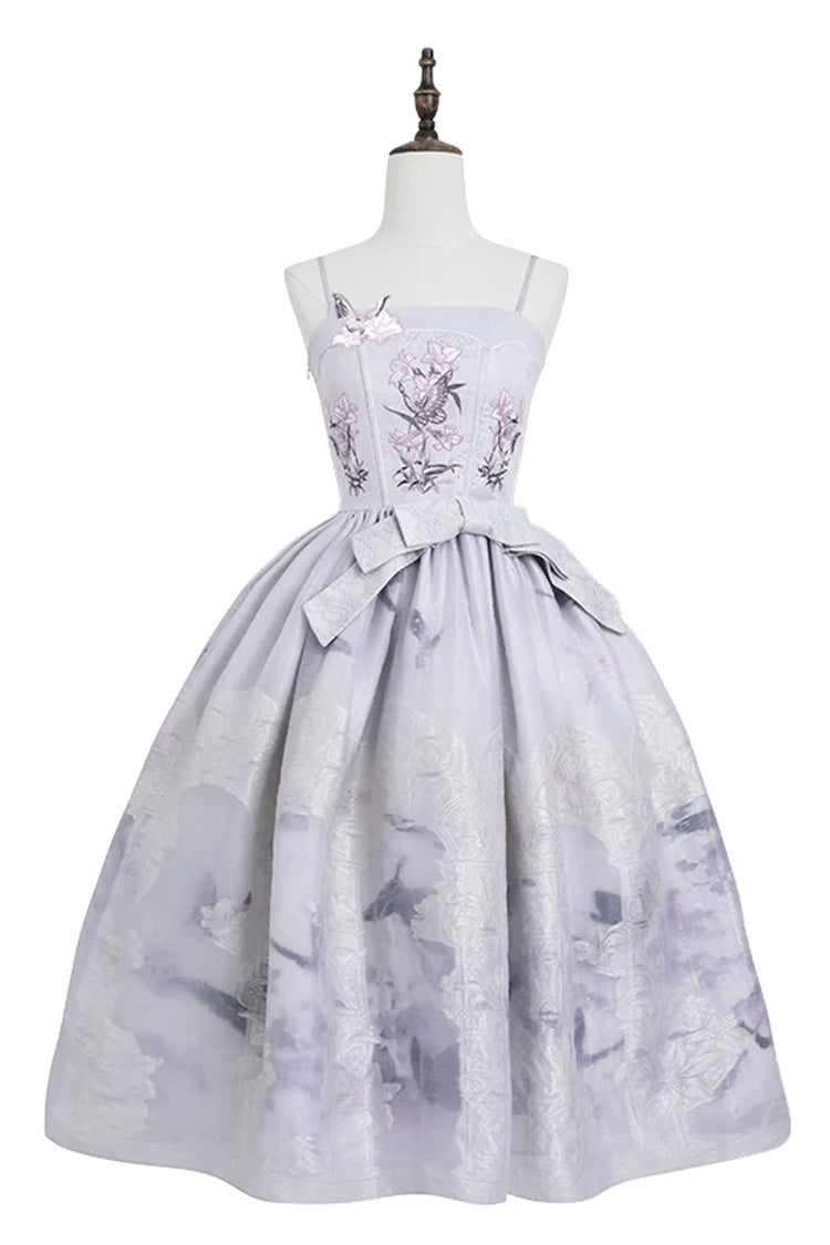 [Stained Glass Dream] Square Collar Sleeveless Printed Embroidered Bow Gothic Lolita Jsk Dress 2 Colors(Black/Purple, White/Purple) - Product - 4
