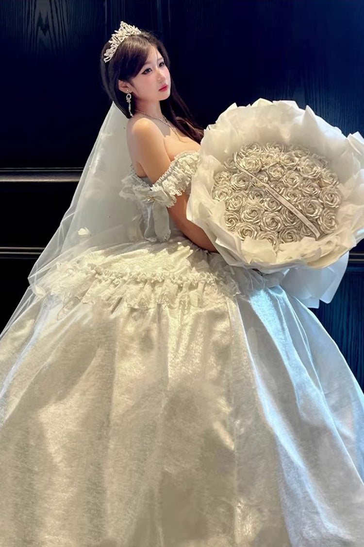 [White Moonlight Lover] Romantic Commemorative Ceremony Sleeveless Ruffled Bow Lace Lace-Up Sweet Elegant Lolita Strapless Dress 3 Colors - Product - 12