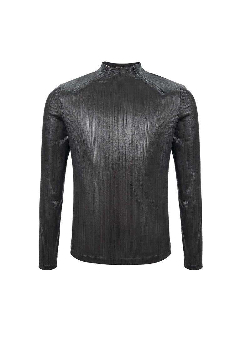 Black Zipper Neckline Long Sleeves Slim Mens Steampunk Top - Product - 5