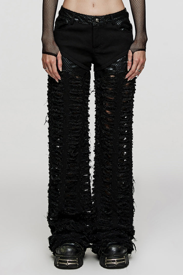 Black Embossed Stitching Mesh Ripped Women's Steampunk Straight Pants - Black - 1