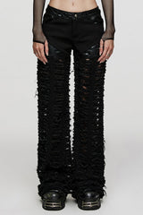 Black Embossed Stitching Mesh Ripped Women's Steampunk Straight Pants - Black - 1