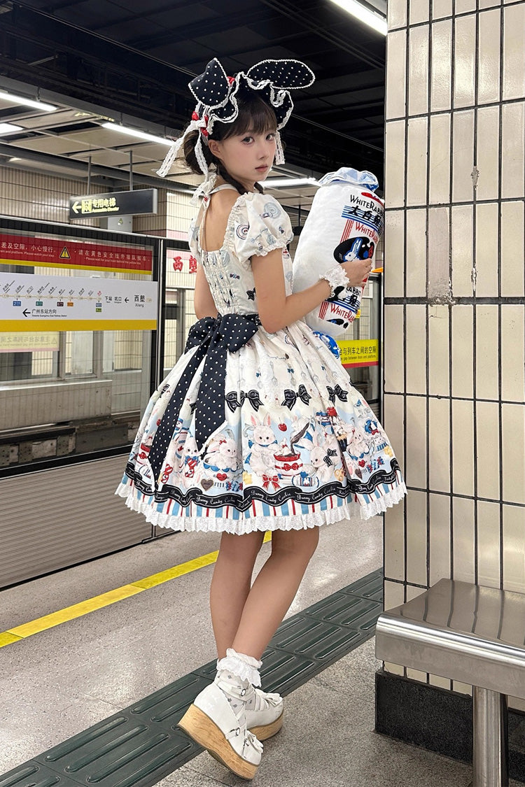 Beige Mystery Rabbit Tea Party Square Collar Short Sleeves Print Ruffle Bowknot Lace Sweet (Dress Only) detail view 6