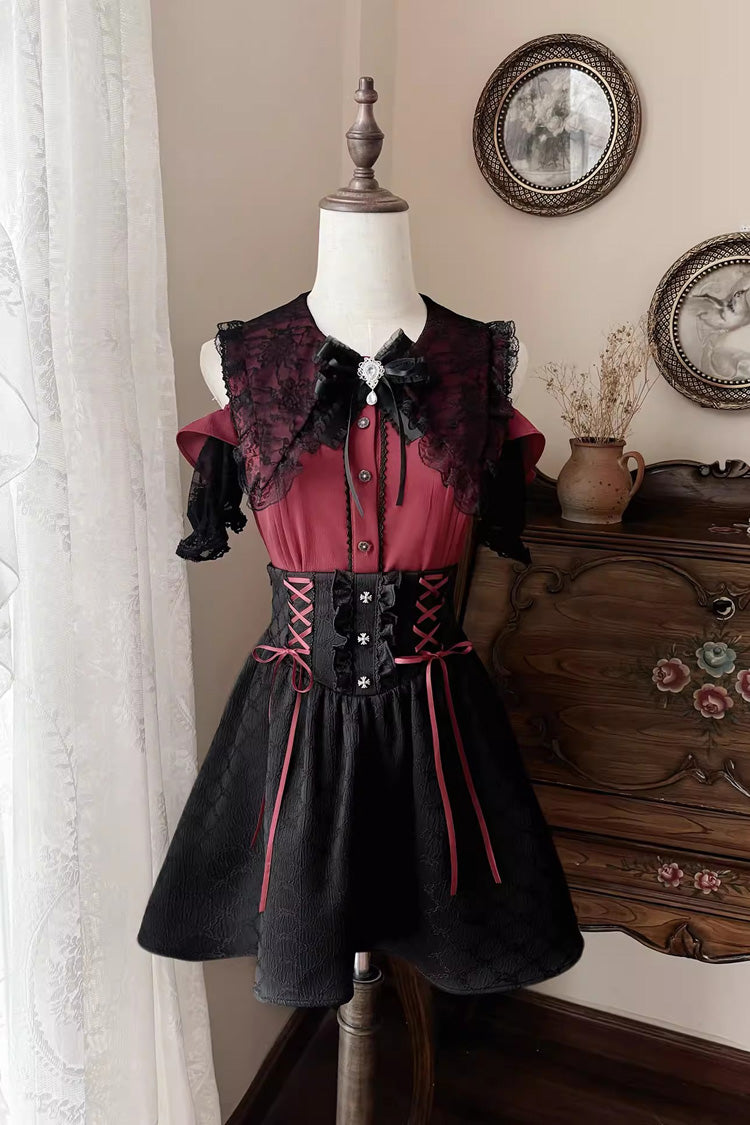 Black/Red [Overture to the Dead] Off Shoulder Short Sleeves Ruffle Bowknot Lace-Up Gothic Jirai Kei Japanese Skirt Set - Product - 3