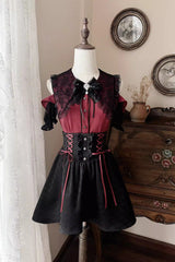 Black/Red [Overture to the Dead] Off Shoulder Short Sleeves Ruffle Bowknot Lace-Up Gothic Jirai Kei Japanese Skirt Set - Product - 3