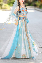 Blue Elegant Print Embroidery High Waisted Sleeveless Hanfu Dress Full Set - Blue - 1