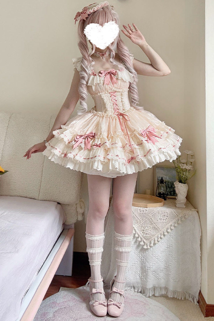 Apricot [Flory Butterfly] Double-Layered Ruffle Bowknot Lace Lace-Up Sweet Ballet Lolita Jsk Dress - Product - 8